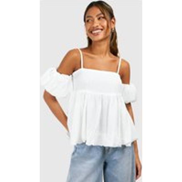 Womens Puff Sleeve Babydoll Textured Smock Top - White - 16, White