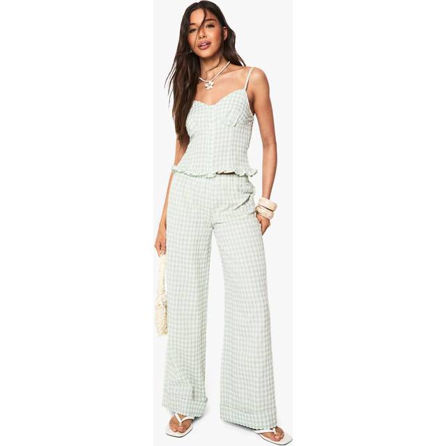 Womens Gingham Turn Up Hem Wide Leg Trousers - Green - 10, Green