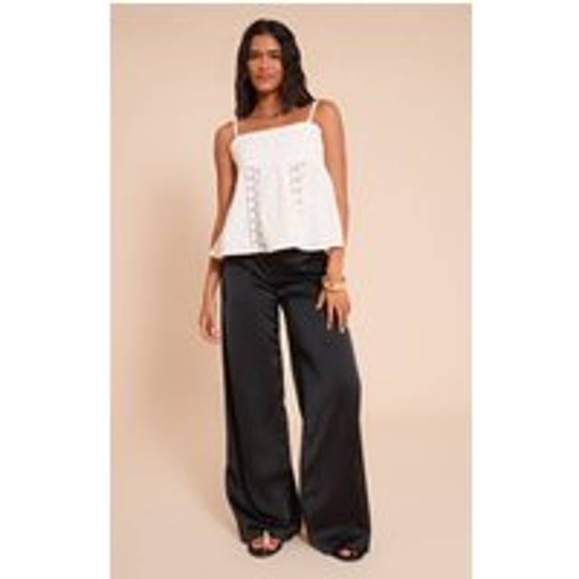 Black Satin Tailored Detail Wide Leg Trousers, Black - 8