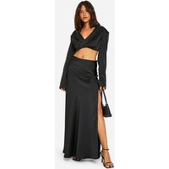 Womens Satin Slip Extreme Split Maxi Skirt - Black - 12, Black