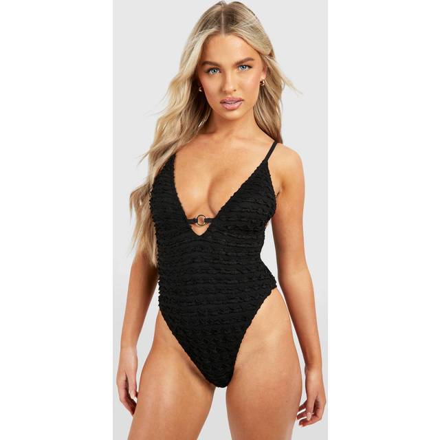 Womens Textured Ruffle O-Ring Plunge Swimsuit - Black - 6, Black