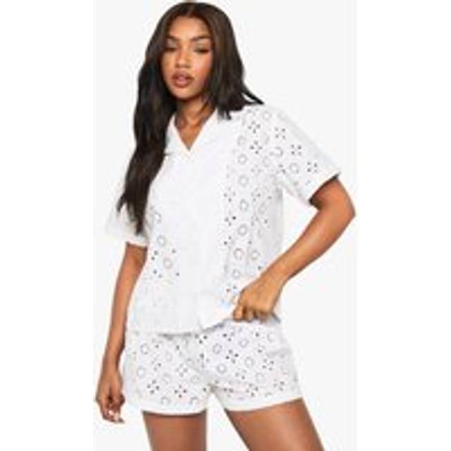 Womens Broderie Anglaise Short Sleeve Shirt & Shorts Pyjama Set - White - 6