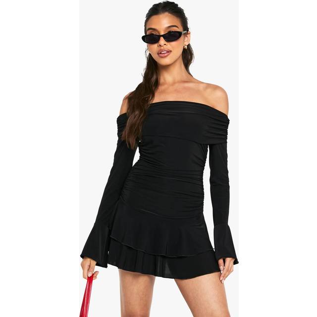 Womens Slinky Bardot Ruffle Hem Mini Dress - Black - 12, Black