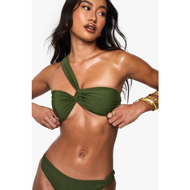 Womens Premium Satin Asymmetric Halterneck Bandeau Bikini Top - Green - 12