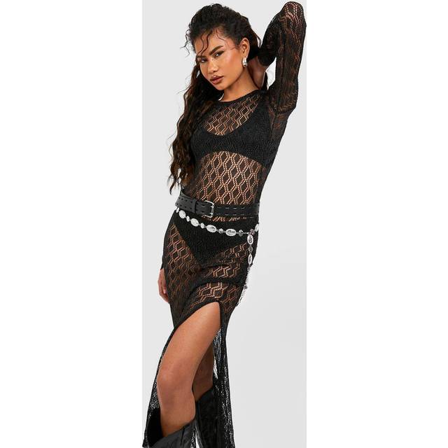 Womens Metallic Crochet Scoop Back Maxi Dress - Black - Xl, Black
