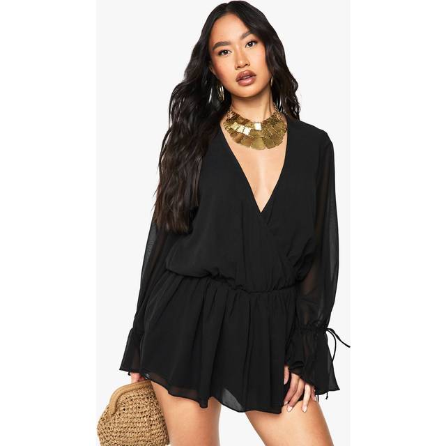 Womens Chiffon Long Sleeve V Neck Playsuit - Black - 12