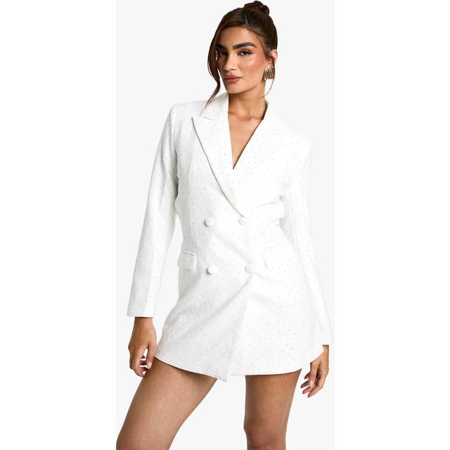 Womens Sequin Lace Blazer Dress - White - 14