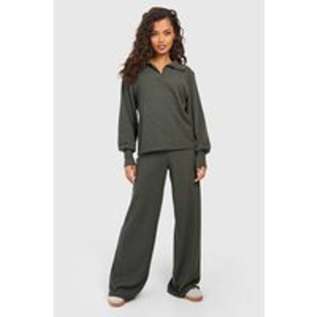 Womens Ribbed Wide Leg Trousers - Green - 6