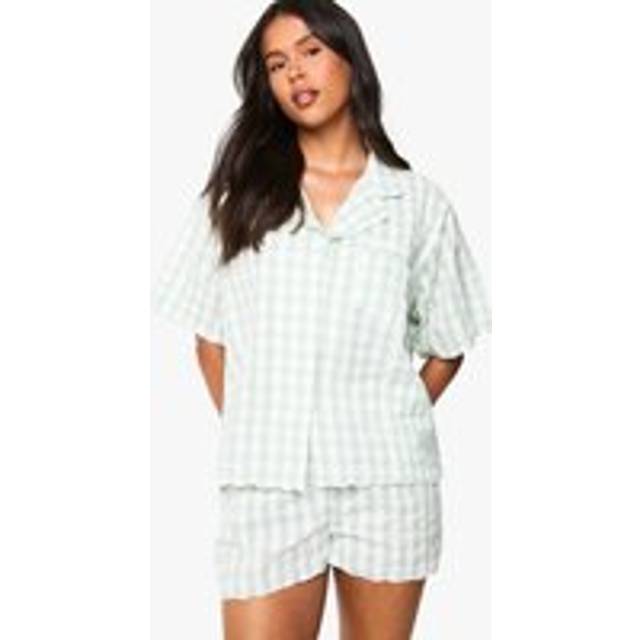 Womens Gingham Scallop Edge Cotton Poplin Short Sleeve Shirt & Shorts Pyjama Set - Green - 6, Green