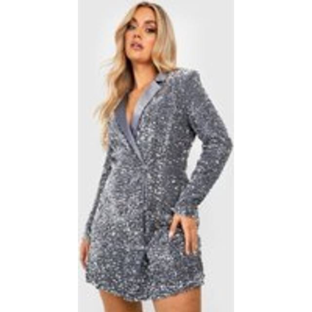 Womens Plus Velvet Sequin Wrap Blazer Dress - Grey - 18