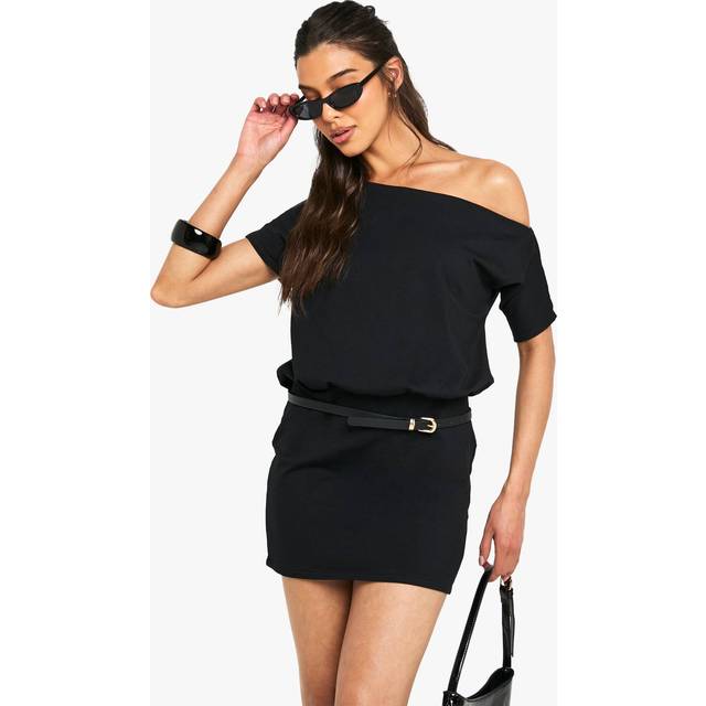 Womens Cotton Off The Shoulder Bodycon T-Shirt Dress - Black - 12, Black