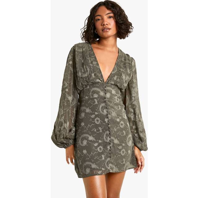 Womens Tall Paisley Burnout Volume Sleeve Mini Dress - Green - 18