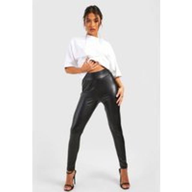 Womens Petite Super Stretch Waist Shaping Leather Look Leggings - Black - 14
