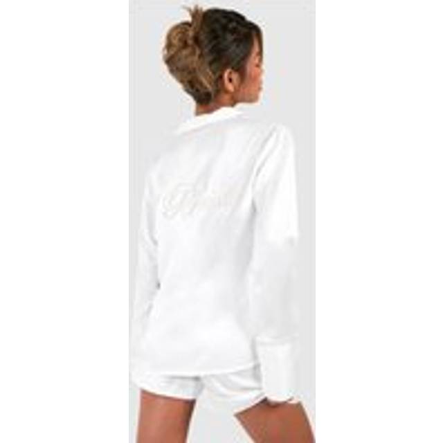 Womens Bridal 'Bride' Embroidered Long Sleeve Shirt & Shorts Pyjama Set - White - 8, White