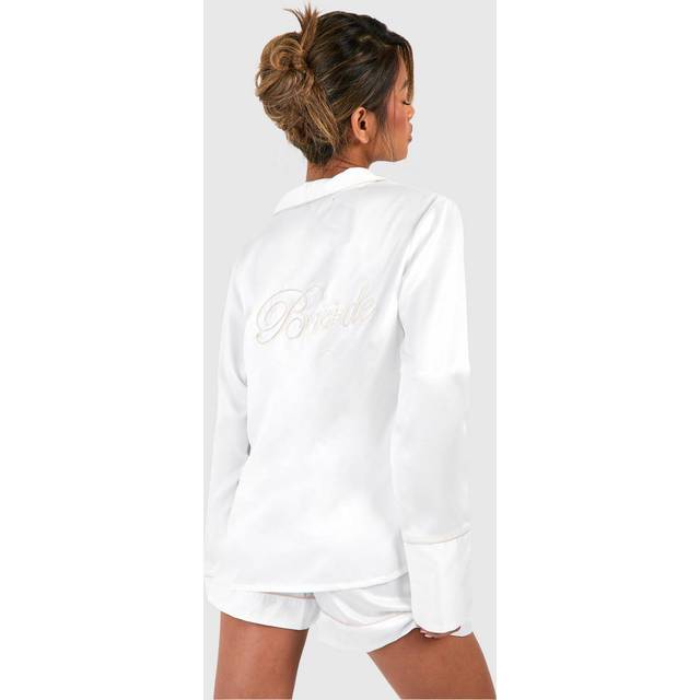 Womens Bridal 'Bride' Embroidered Long Sleeve Shirt & Shorts Pyjama Set - White - 12, White