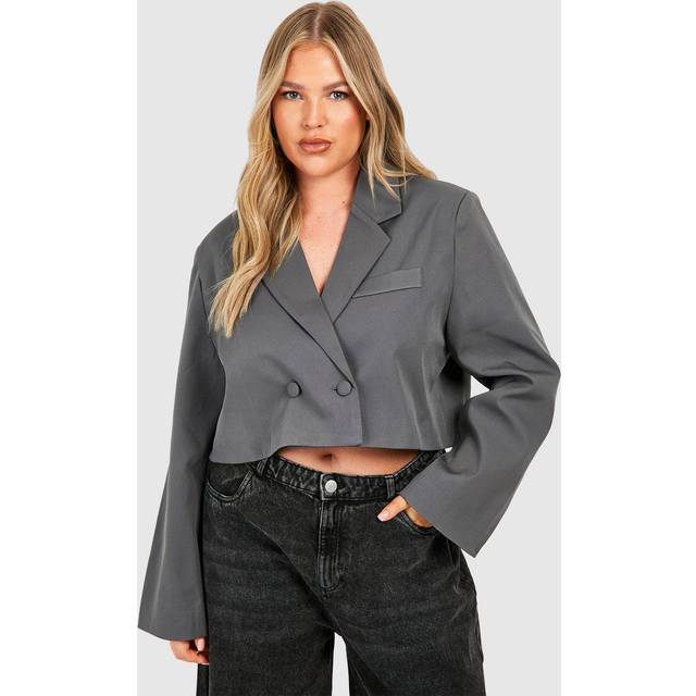 Womens Plus Double Breasted Boxy Crop Blazer - Grey - 22, Grey
