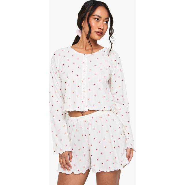 Womens Floral Print Soft Rib Button Detail Long Sleeve Top & Shorts Pyjama Set - White - 16