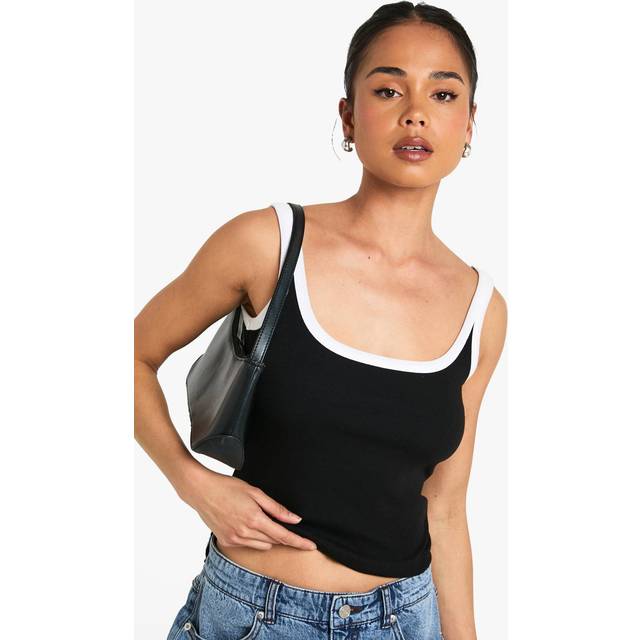 Womens Rib Contrast Binding Strappy Vest Top - Black - 10, Black
