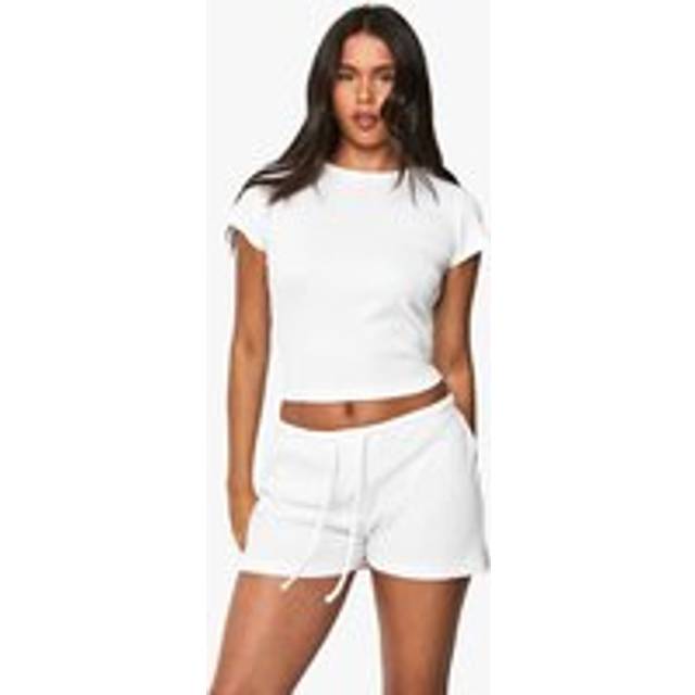 Womens Waffle Tie Waist Shorts - White - 14