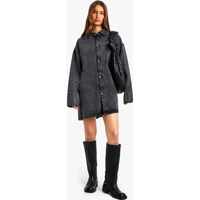Womens Washed Black Oversized Denim Shirt Dress - 10, Black