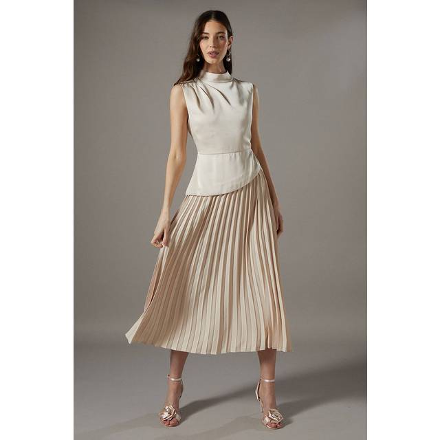 Coast Drape High Neck Pleated Skirt Midi Dress In Oyster - oyster - 14