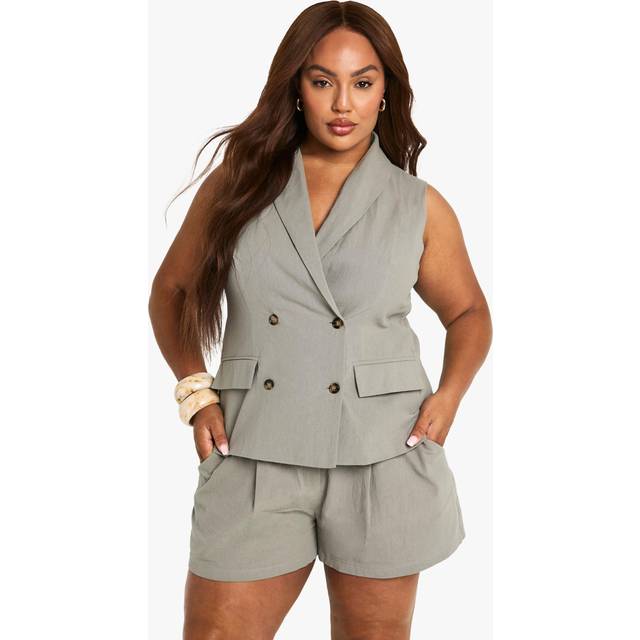 Womens Plus Linen Longline Wrap Waistcoat - Green - 26, Green