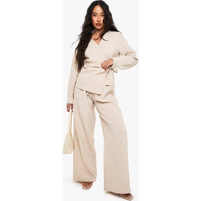 Womens Woven Striped Elastic Waist Wide Leg Trousers - Cream - 16
