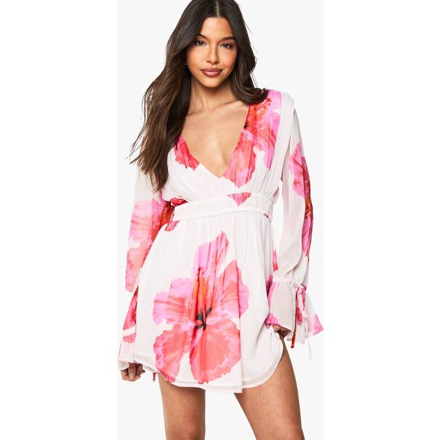 Womens Floral Chiffon Long Sleeved Shirred Mini Dress - Pink - 12