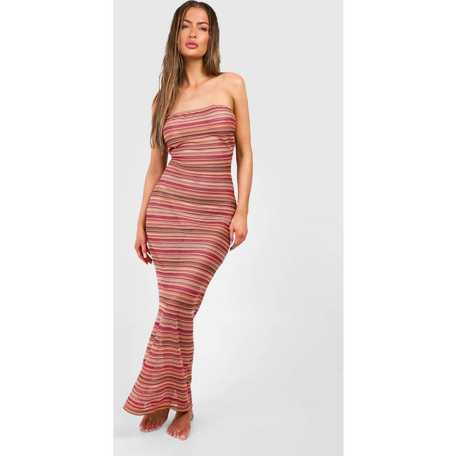 Womens Stripe Crochet Bandeau Beach Maxi Dress - Red - M, Red