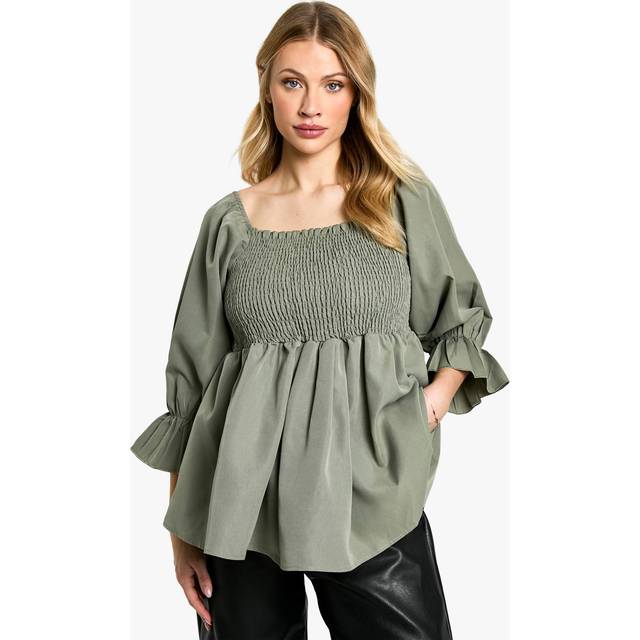 Womens Maternity Woven Shirred Long Sleeve Smock Top - Green - 14, Green