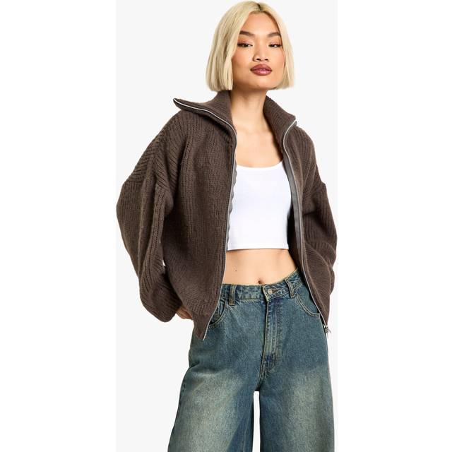 Womens Double Ended Zip Up Brushed Knit Oversized Cardigan - Brown - S, Brown