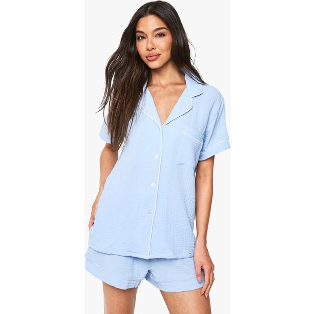 Womens Bridal Something Blue Cheesecloth Piping Detail Short Sleeve Shirt & Shorts Pyjama Set - 14, Blue
