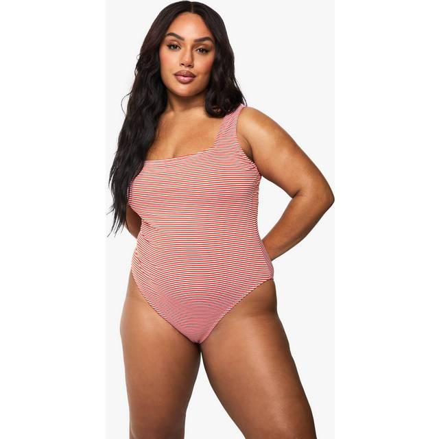 Womens Plus Seersucker Stripe Scoop Neck Swimsuit - Red - 22, Red