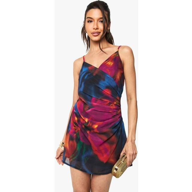 Womens Floral Chiffon Ruched Side Mini Dress - Black - 10