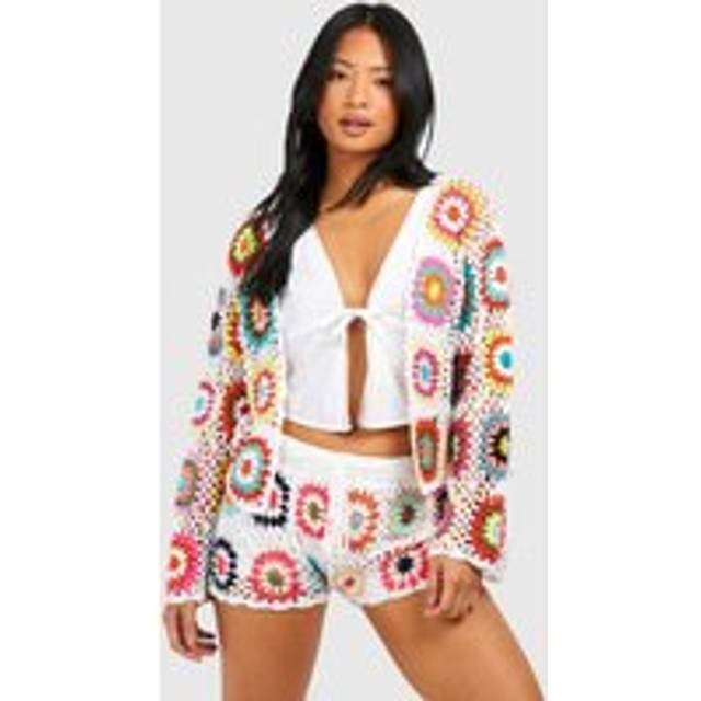 Womens Petite Premium Patchwork Crochet Cardigan - White - L