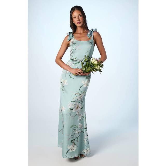 Printed Satin Tie Shoulder Bridesmaid Dress - Sage - 12