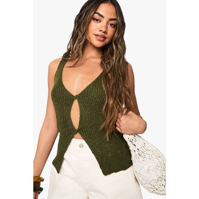 Womens Knitted Twist Front Crochet Waistcoat - Green - 12