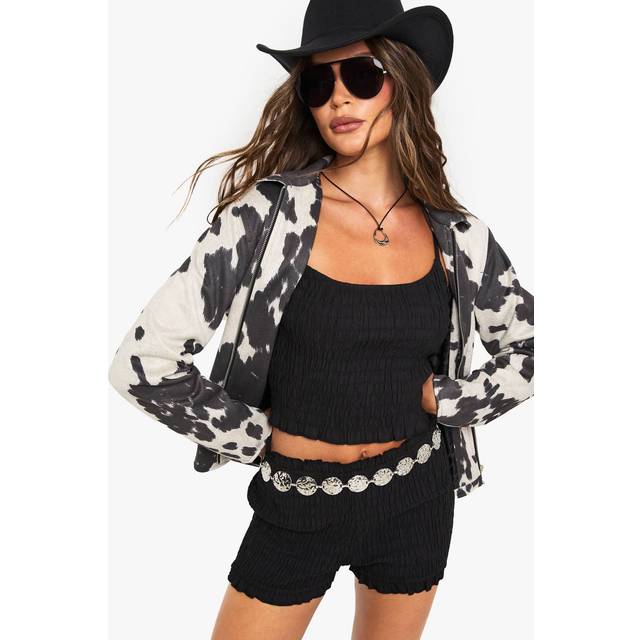 Womens Cow Print Faux Suede Jacket - Black - 8