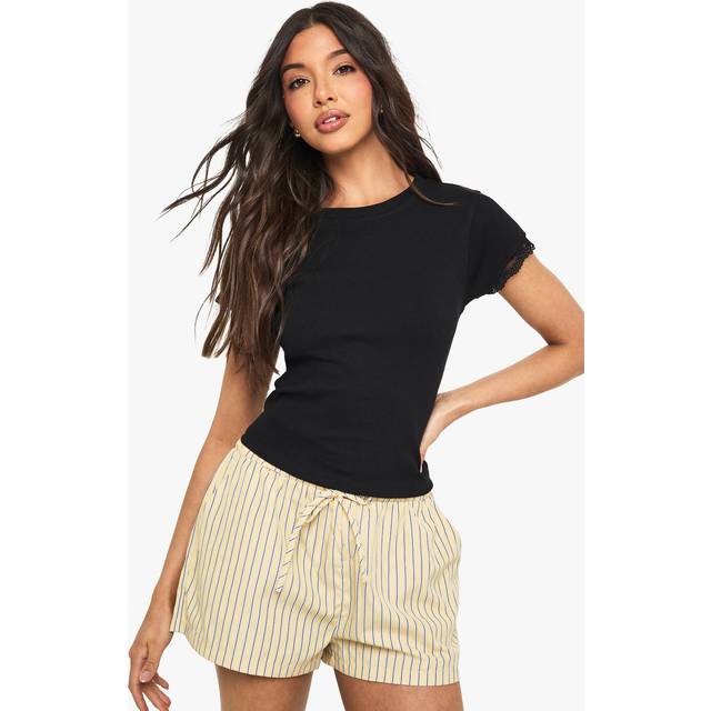 Womens Rib Fitted Top With Lace Trim - Black - 16