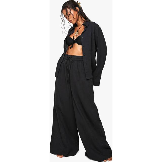 Womens Linen Wide Leg Beach Trousers - Black - M