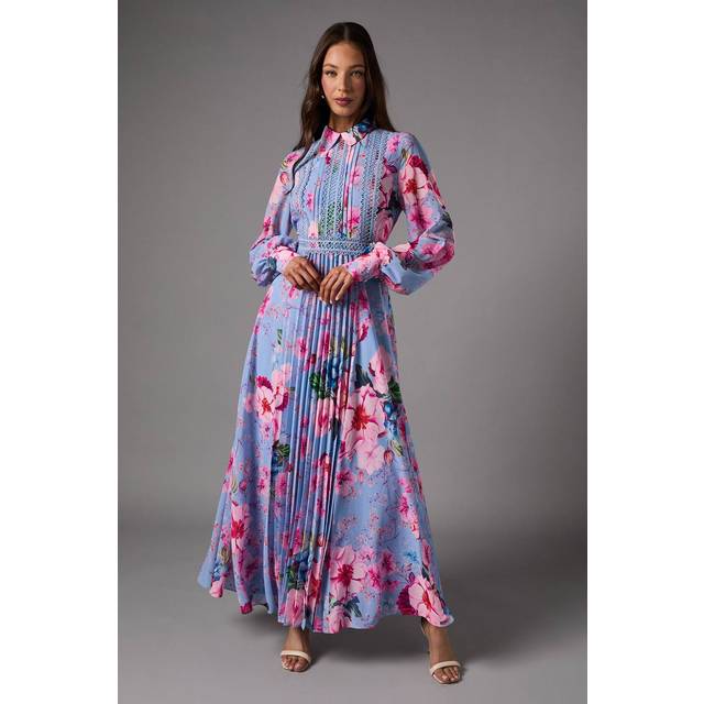 Pleated Printed Long Sleeve Midi Dress With Lace Trim - Blue - 8
