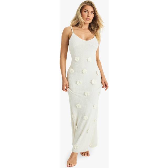 Womens Knitted Flower Detail Crochet Maxi Dress - White - 8, White