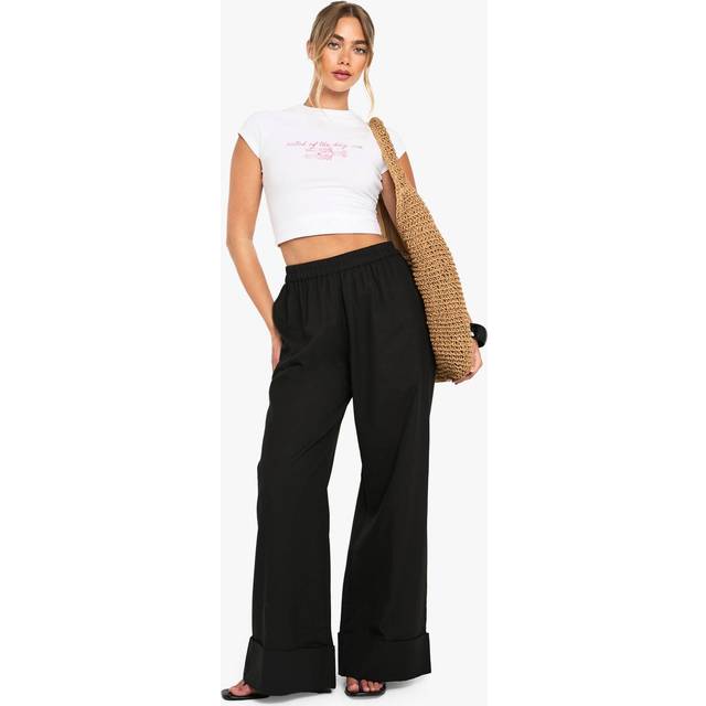 Womens Linen Turn Up Wide Leg Trousers - Black - 16, Black