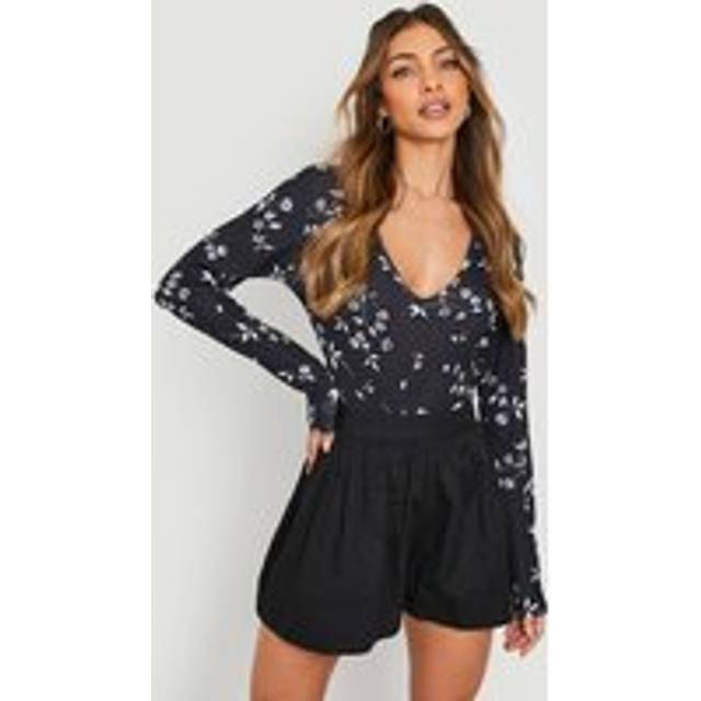Womens Floral V Neck Long Sleeve Bodysuit - Black - 6