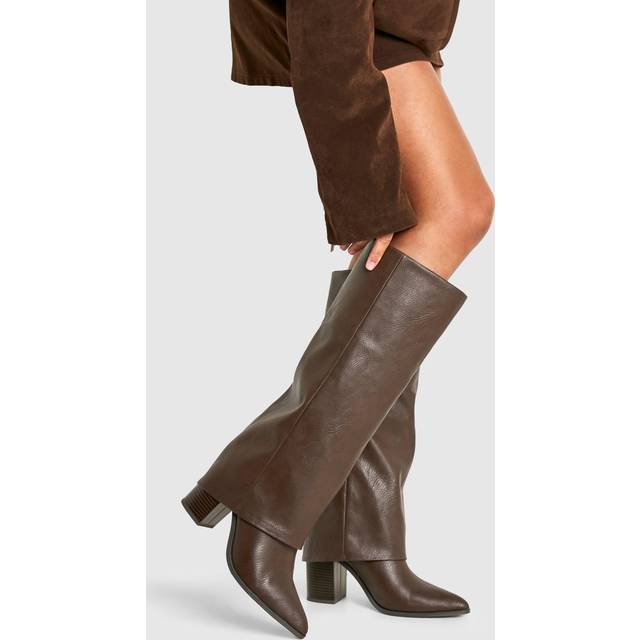 Womens Textured Foldover Stacked Heel Knee High Boots - Brown - 8
