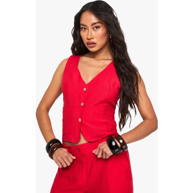 Womens Woven Crinkle Waistcoat - Red - 8, Red