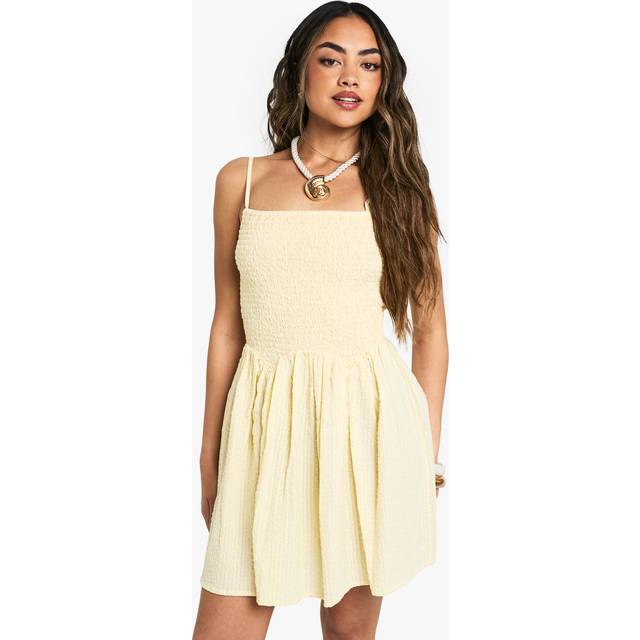 Womens Shirred Textured Mini Smock Dress - Yellow - L, Yellow