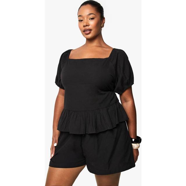 Womens Plus Linen Puff Sleeve Smock Top - Black - 18