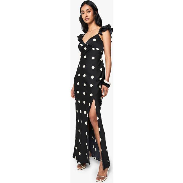 Womens Polka Dot Satin Frill Sleeve Split Maxi Dress - Black - 14