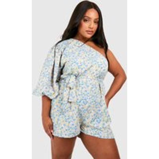 Womens Plus Woven Ditsy Floral One Shoulder Belted Playsuit - Yellow - 26, Yellow